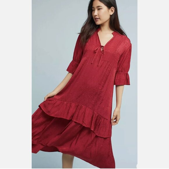 LACAUSA Anthropologie Imelda Raspberry Red Silky Tiered Midi Dress - Picture 1 of 8